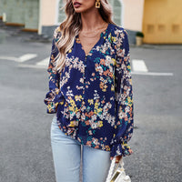 Thumbnail for Elegant floral print shirt with V-neck buttons blouse - K - 4 COLORS -