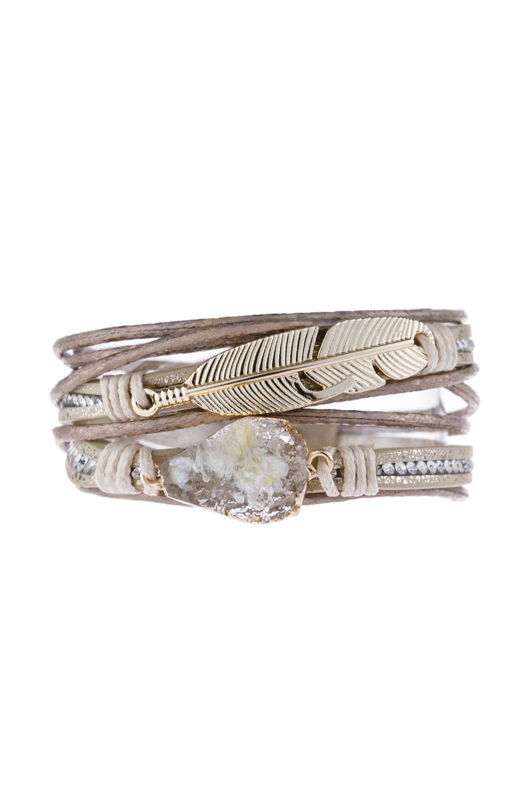 Riah Fashion - Feather Druzy Leather Wrap Magnetic Bracelet - 5 COLORS -