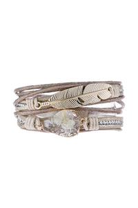 Thumbnail for Riah Fashion - Feather Druzy Leather Wrap Magnetic Bracelet - 5 COLORS -