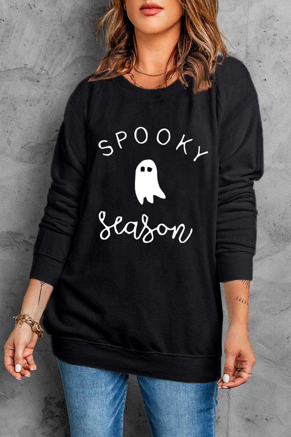 Round Neck Long Sleeve SPOOKY SEASON Graphic Sweatshirt - T - 1 COLOR -