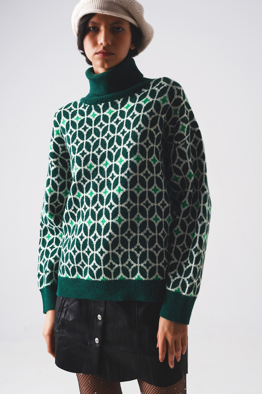 Q2 - High Neck Jumper in Geo Pattern in Green - 1 COLOR -