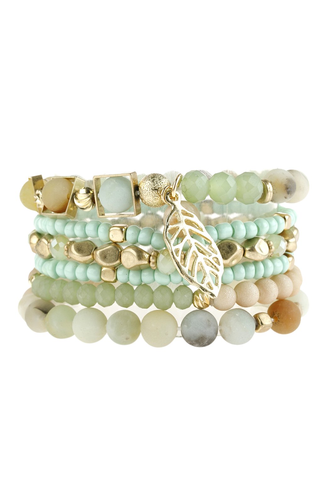 Natural Stone Mixed Beads Leaf Charm Bracelet - 5 COLORS