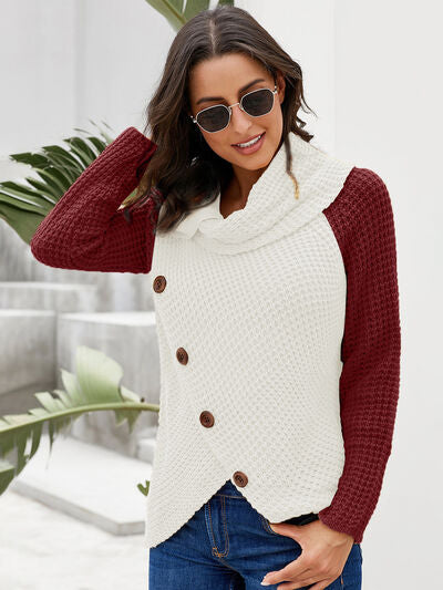 Contrast Decorative Button Turtleneck Sweater - T - 4 COLORS -