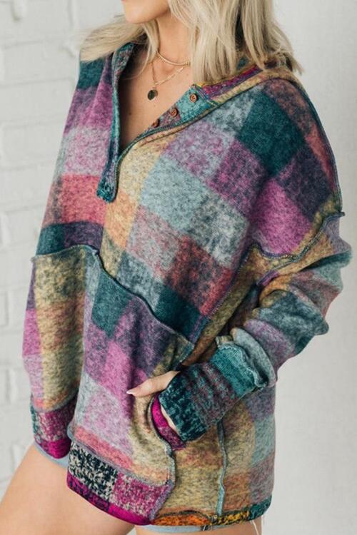 Multicolor Brushed Plaid Buttoned Pullover Oversized Hoodie - T - 1 COLOR -