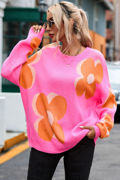 Flower Round Neck Dropped Shoulder Sweater - T - 1 COLOR -