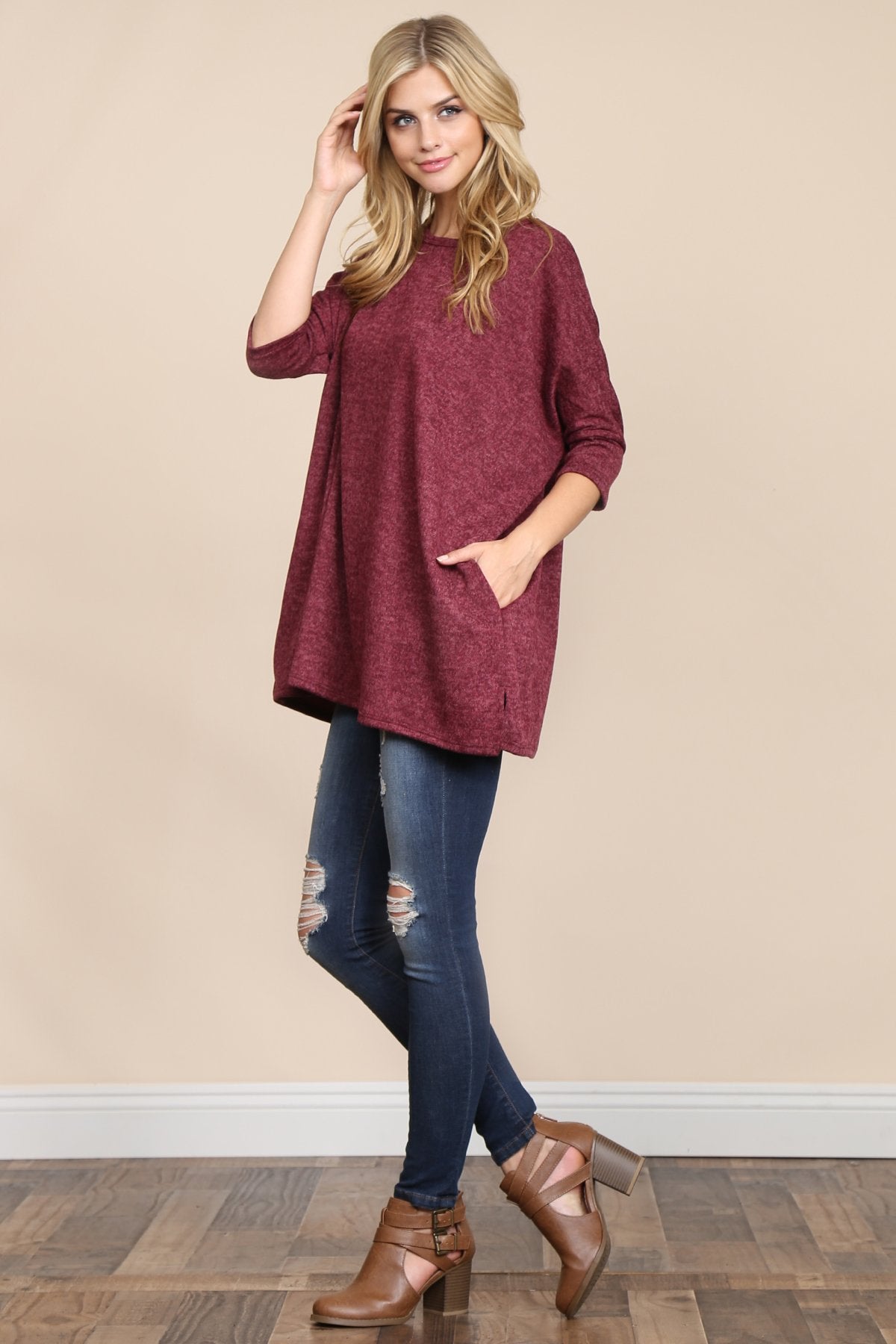 Riah Fashion - Two Tone Hacci Oversized Dropped Shoulder Pocket Tunic - 3 COLORS -