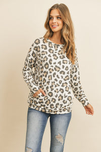 Thumbnail for Riah Fashion - Kangaroo Pocket Long Sleeve Leopard Top - 2 COLORS -