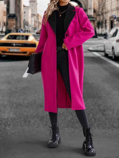 Collared Neck Buttoned Hot Pink Longline Coat - T - 1 COLOR -