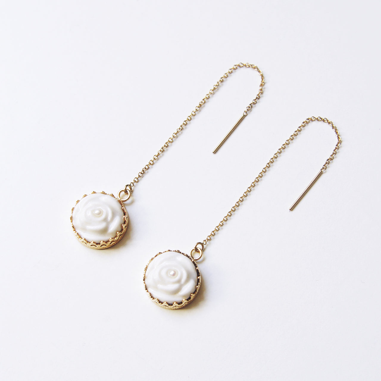 Porcelain Rose With Pearl Gold-Filled Chain Earrings -