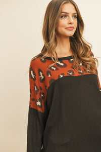 Thumbnail for Riah Fashion - Long Sleeve Leopard Contrast Hacci Brushed Top - 3 COLORS -