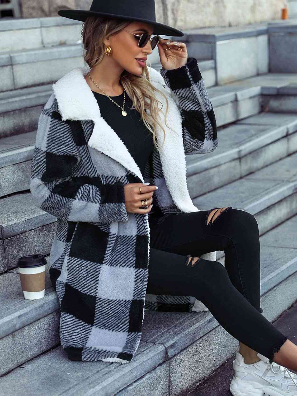 Plaid Open Front Coat with Pockets - T - 1 COLOR -