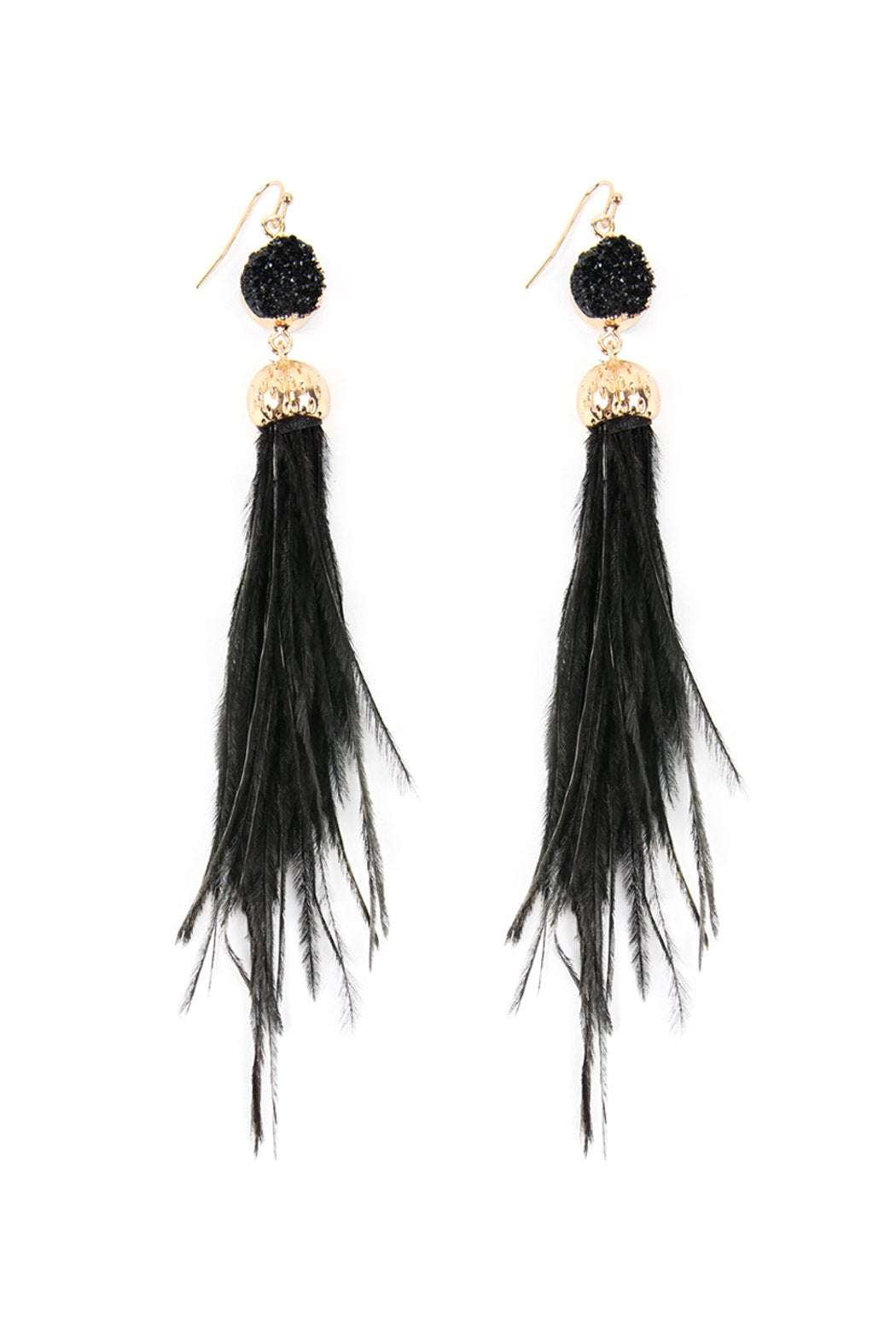 Riah Fashion - Druzy Stone Dangling Feather Earrings - 7 COLORS -