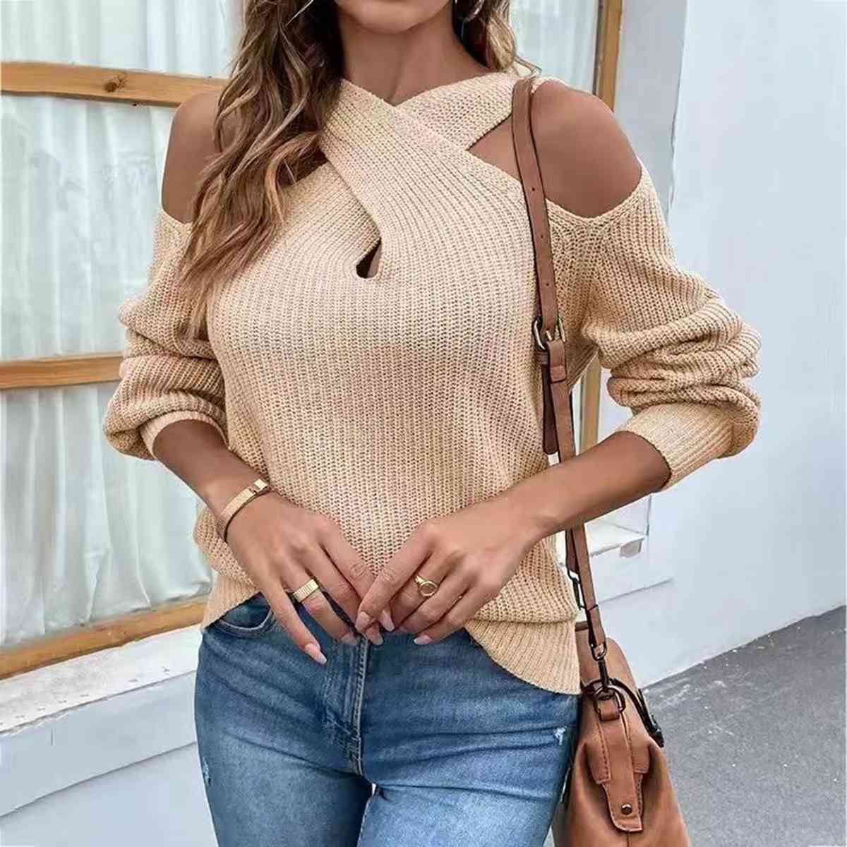 Crisscross Cold-Shoulder Sweater - T - 4 COLORS -