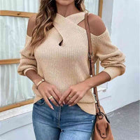 Thumbnail for Crisscross Cold-Shoulder Sweater - T - 4 COLORS -