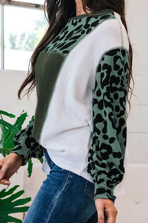 Leopard Color Block Exposed Seam Blouse - T - 1 COLOR -