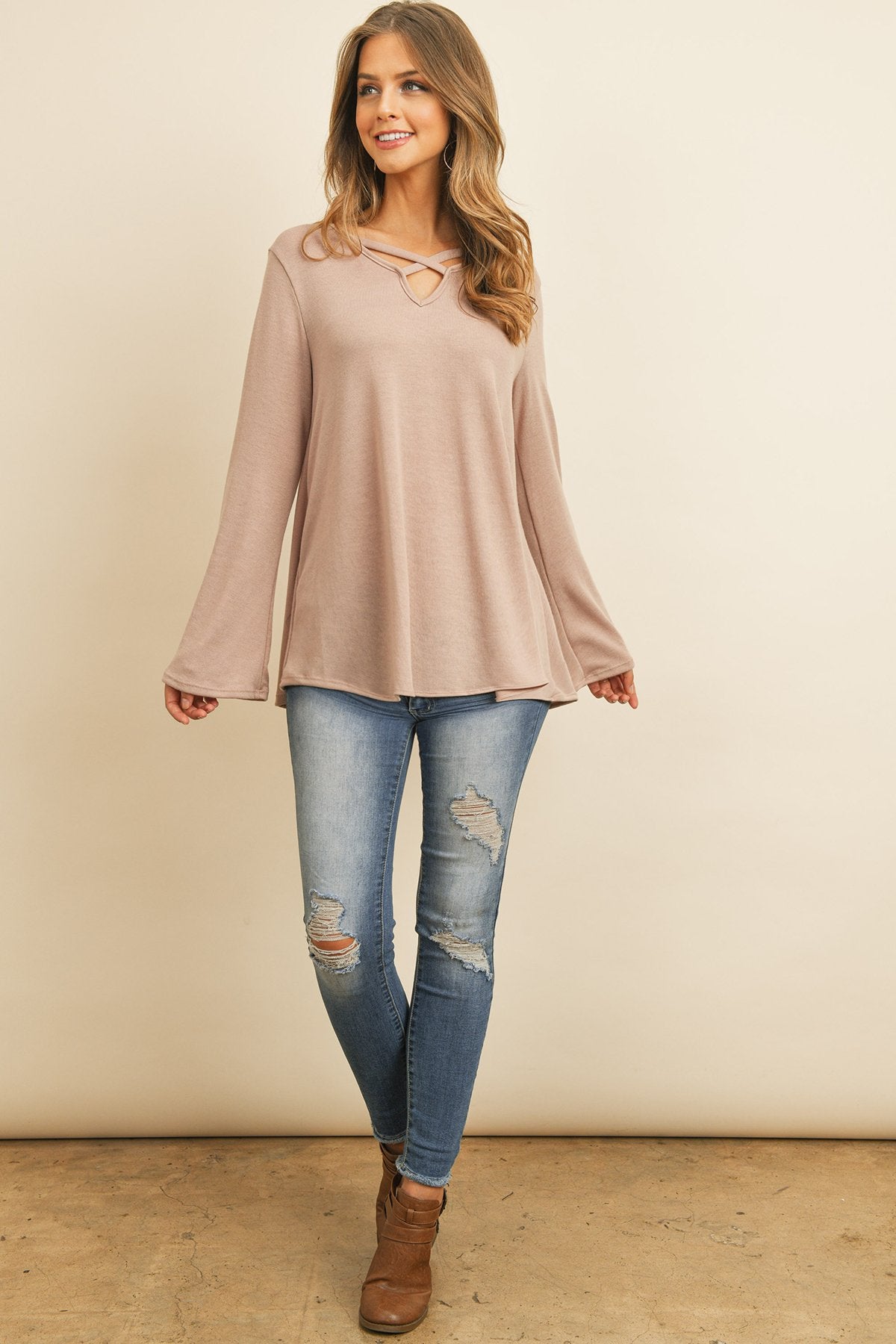 Criss Cross Neck Long Sleeve Hacci Top - 5 COLORS -