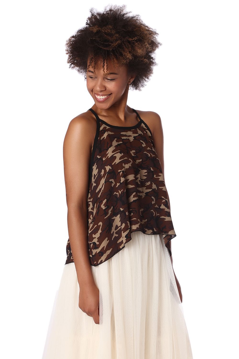 Q2 - Brown Camo Print Dip Hem Top - 1 COLOR -