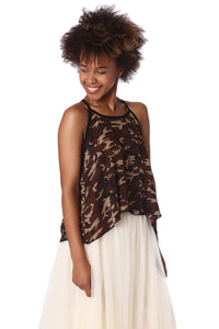 Thumbnail for Q2 - Brown Camo Print Dip Hem Top - 1 COLOR -