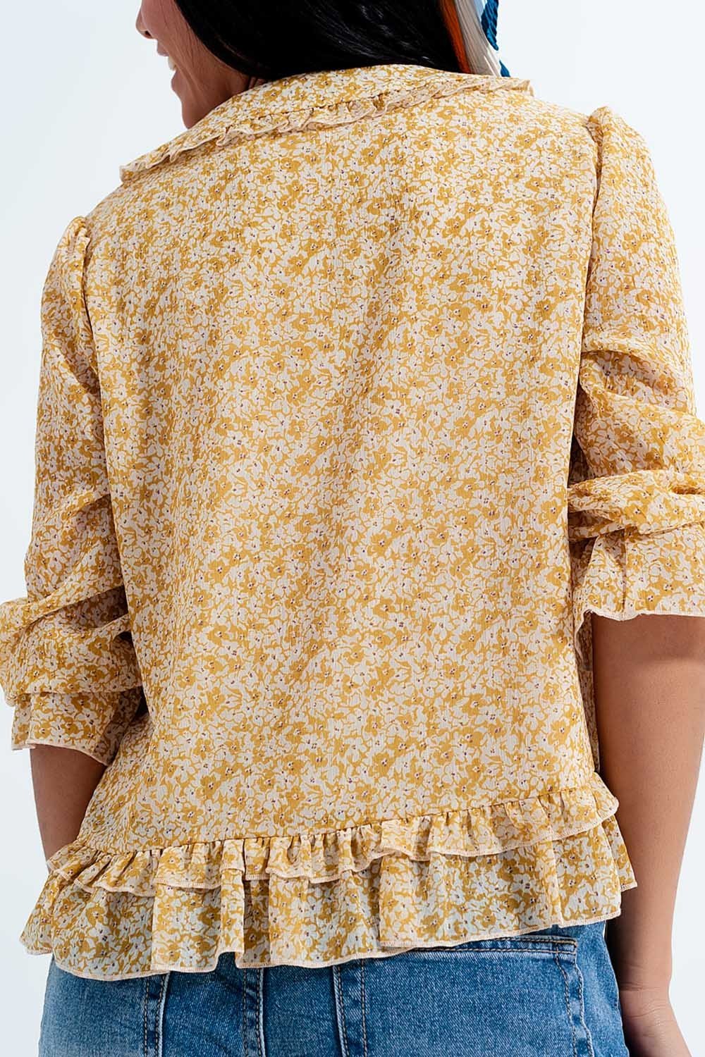 Q2 - Tie Front Chiffon Blouse in Yellow Floral Print - 1 COLOR -