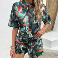 Thumbnail for Printed Round Neck Dropped Shoulder Half Sleeve Top and Shorts Set - 2 PCS. - T - 1 PATTERN -