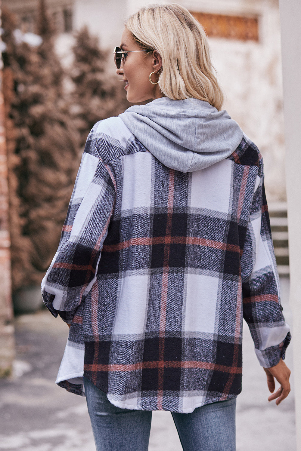 Plaid Dropped Shoulder Hooded Jacket - T - 5 COLORS -