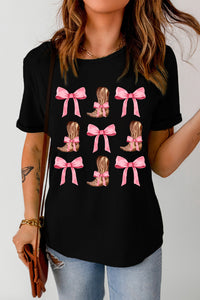 Thumbnail for Ribbon/Bow & Boot Graphic Round Neck Short Sleeve T-Shirt - T - 1 COLOR -