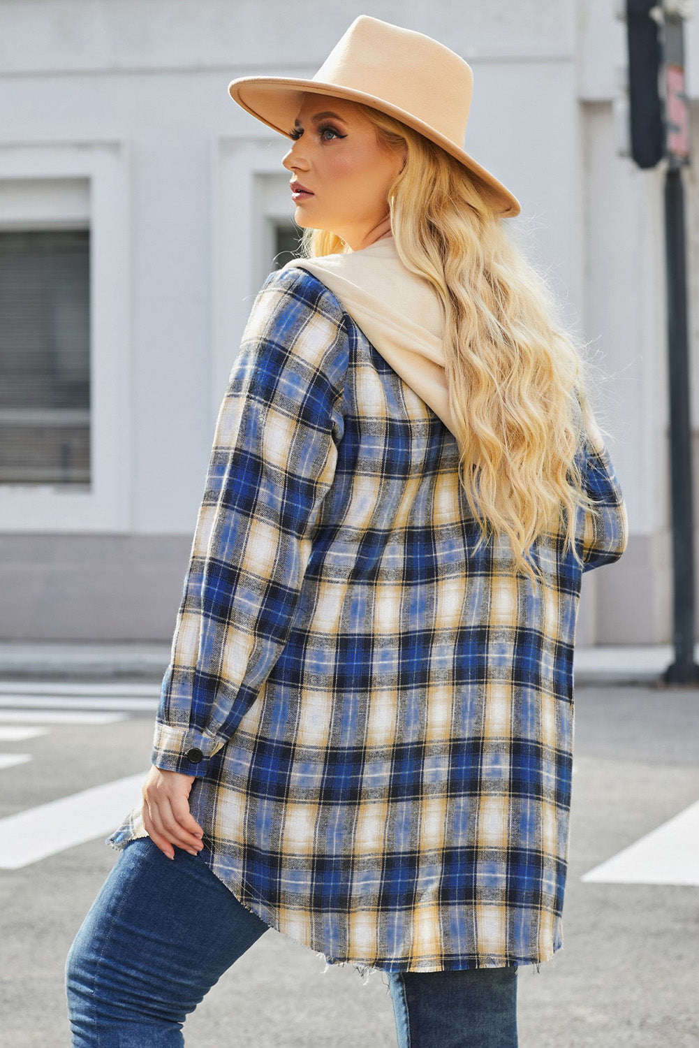 Plus Size Only - Plaid Curved Hem Button Hooded Front Shirt - SIZES 1XL THRU 4 XL - T - 1 COLOR -