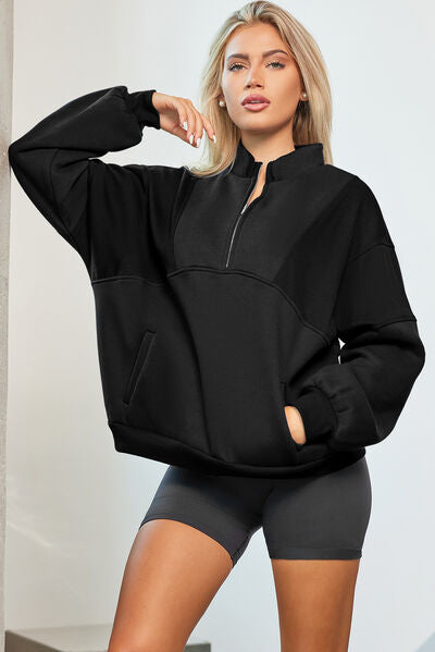 Half Zip Dropped Shoulder Sweatshirt - T - 2 COLORS -