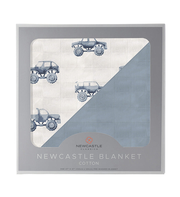 Newcastle - Indigo Monster Trucks and Blue Fog Cotton Newcastle Blanket -