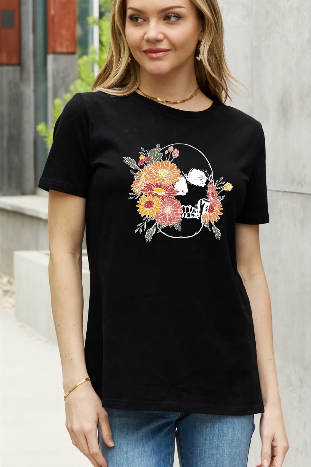 Simply Love Full Size Flower Skull Graphic Cotton Tee - T - 2 COLORS -