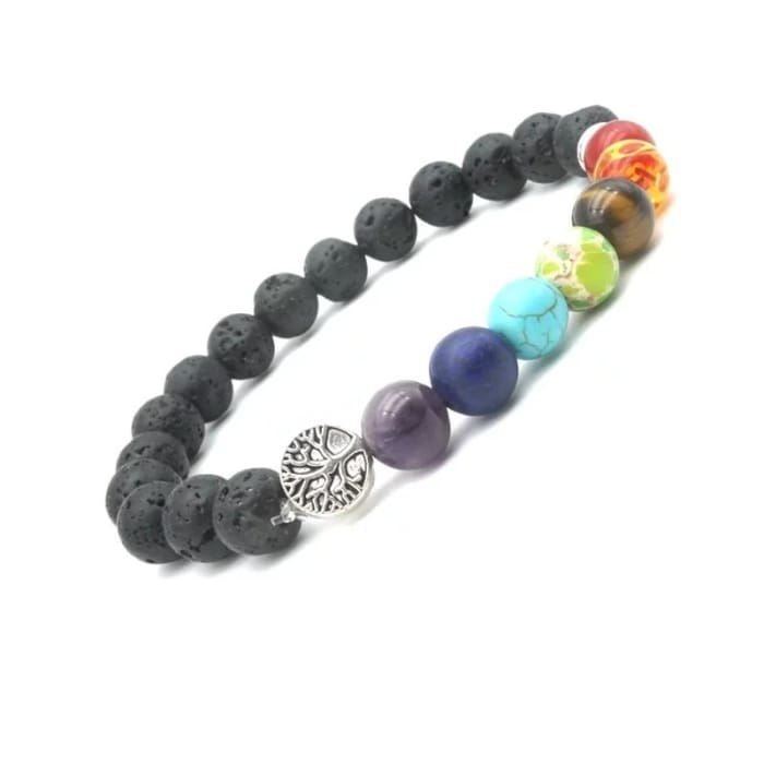 Seven Chakras Tree of Life Charms Lava Stone Bracelet -