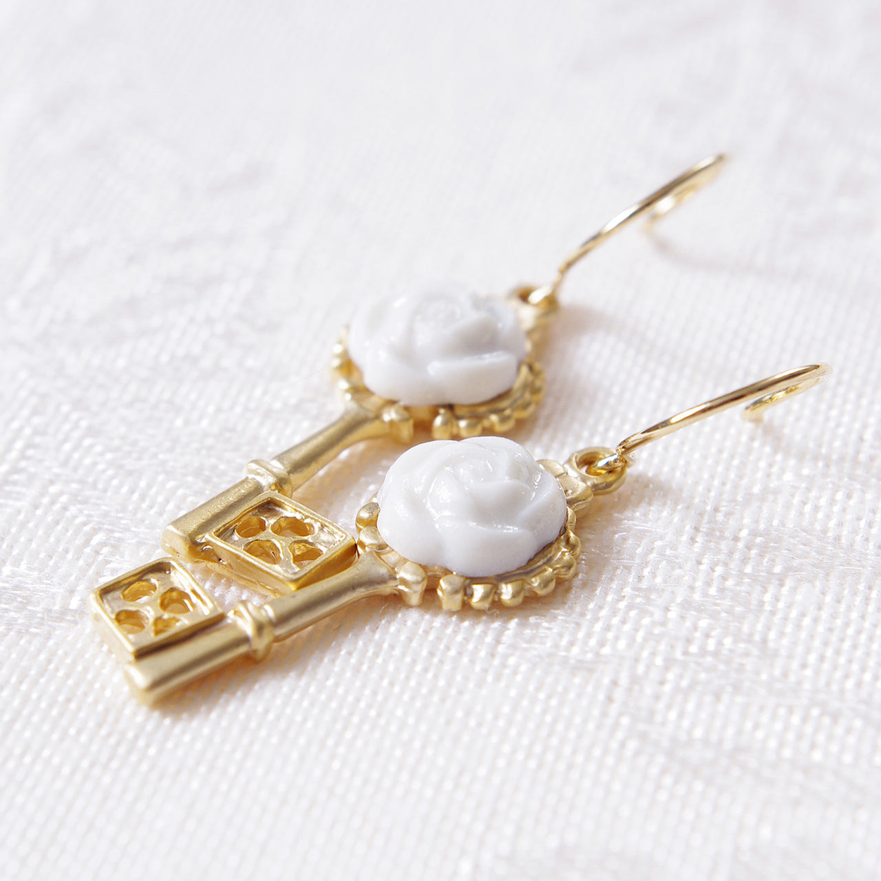 Porcelain Camellia Golden Key Earrings -