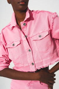 Thumbnail for Q2 - Cropped Denim Trucker Jacket in Pink - 1 COLOR -