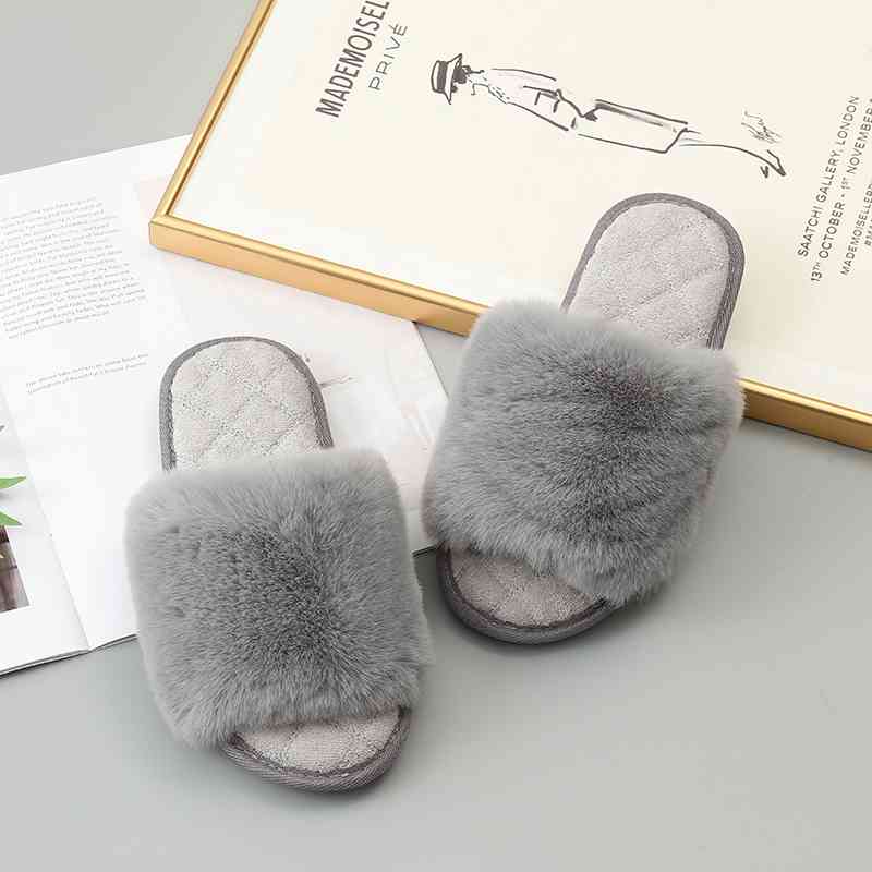 Faux Fur Open Toe Slippers - T - 5 COLORS -