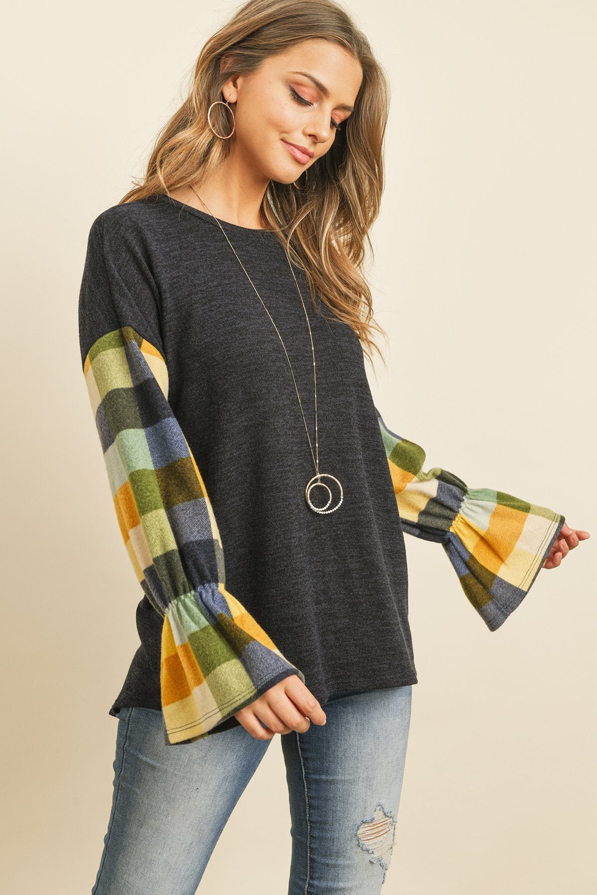 Riah Fashion - Plaid Bell Sleeves Mier Sweater - 2 COLORS -