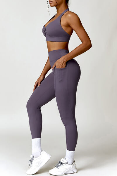 Ruched Halter Neck Bra and Pocketed Leggings Active Set - 2 PCS. - T - 4 COLORS -