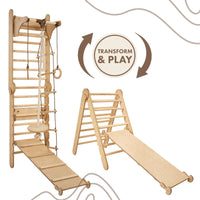 Thumbnail for 4in1 Climbing Set: Wooden Swedish Wall + Swing Set + Slide Board + Triangle Ladder