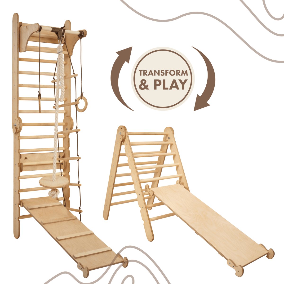 3in1: Wooden Swedish Wall / Climbing Ladder for Children + Swing Set + Slide Board