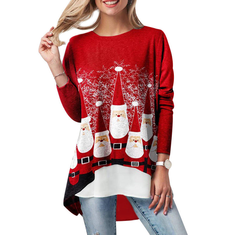 New Christmas printed fake two-piece round neck long-sleeved T-shirt for women - K - 1 COLOR -