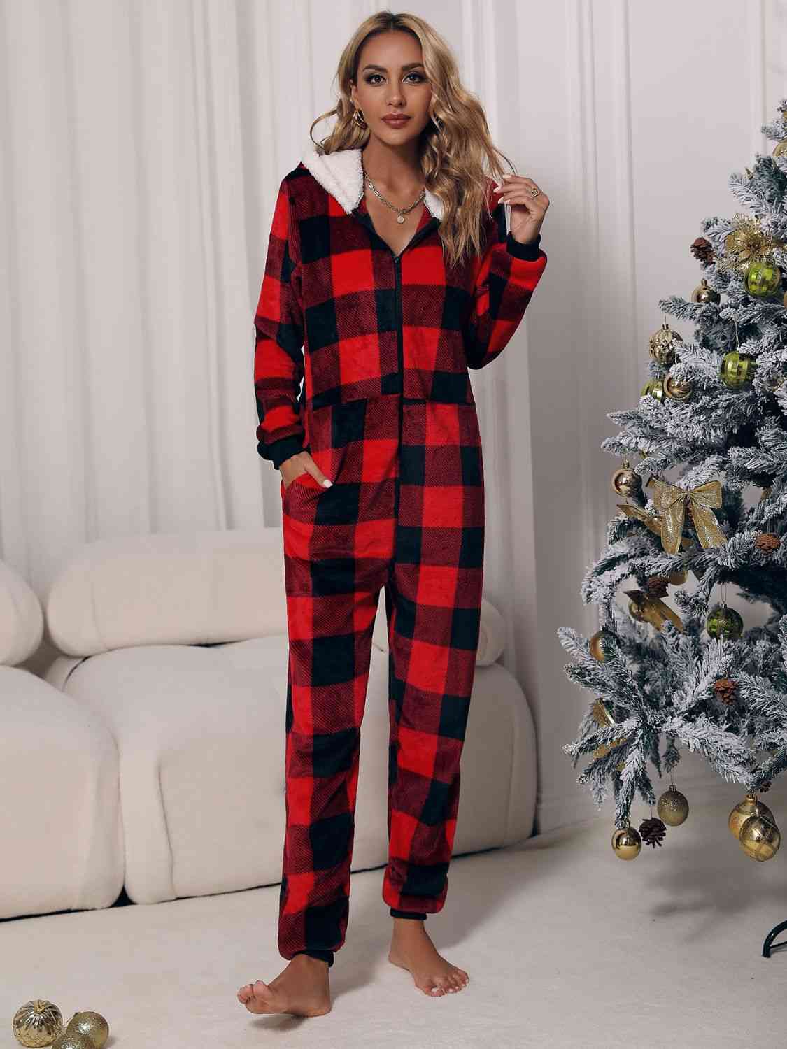 Plaid Zip Front Long Sleeve Hooded Lounge Jumpsuit - T - 1 COLOR -