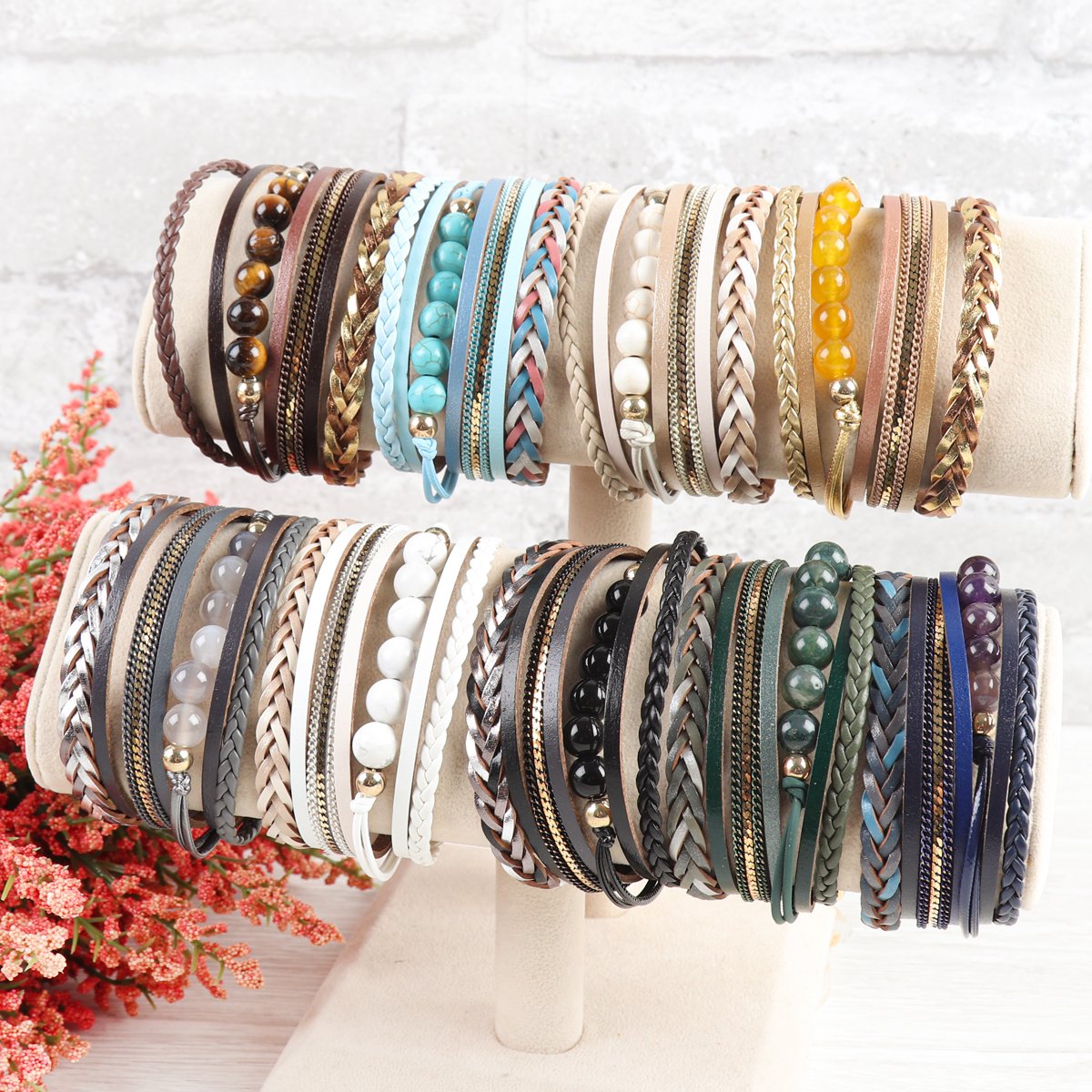 Riah Fashion - Leather Braided Beads Wrap Magnetic Bracelet - 9 COLORS -