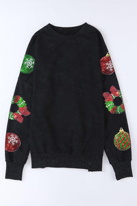 Thumbnail for Sequin Christmas Element Round Neck Slit Sweatshirt - T - 1 COLOR -