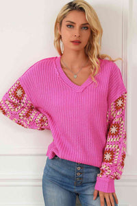 Thumbnail for Exposed Seam V-Neck Drop Shoulder Sweater - T - 1 COLOR -