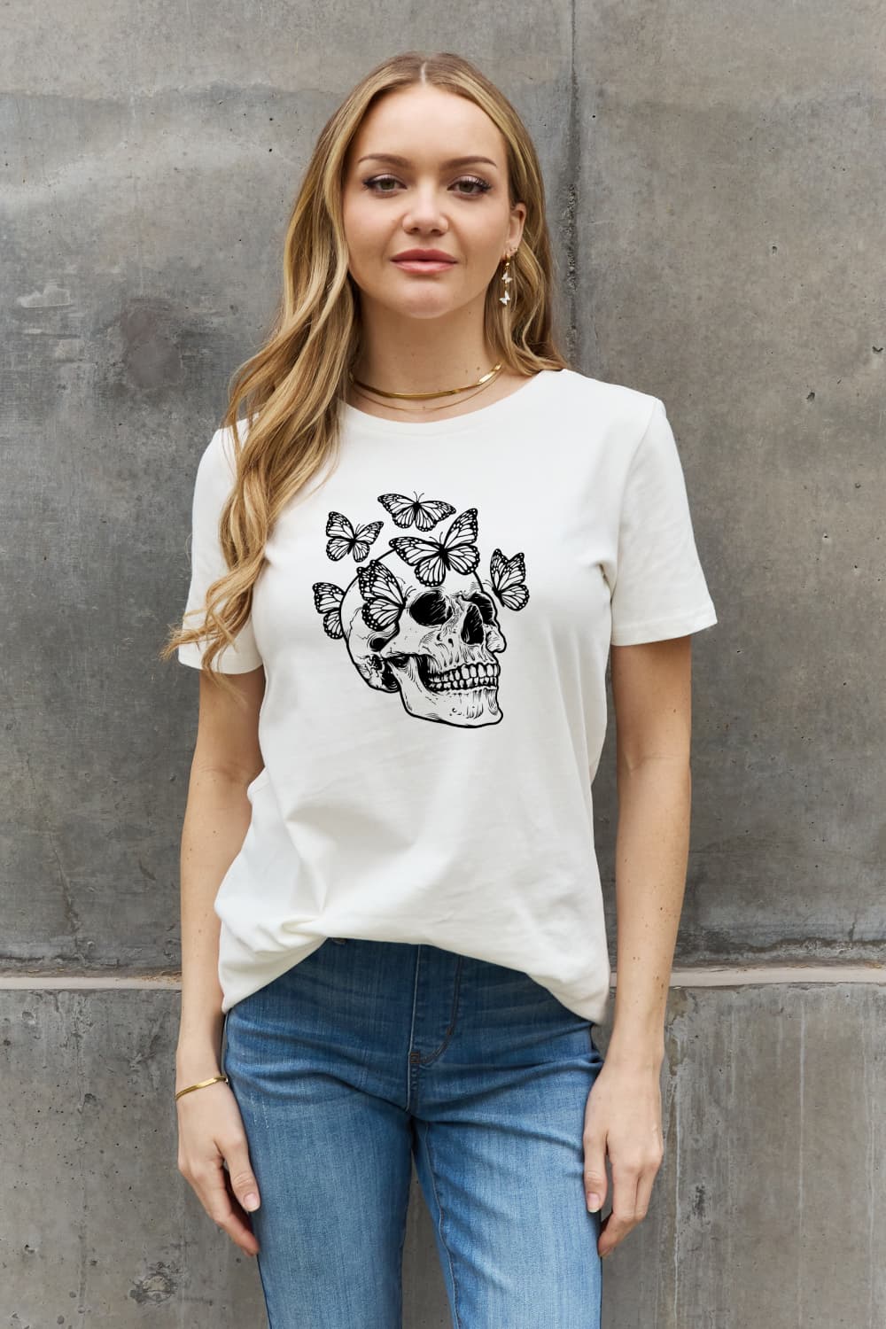 Simply Love Full Size Butterfly Skull Graphic Cotton Tee - T - 2 COLORS -