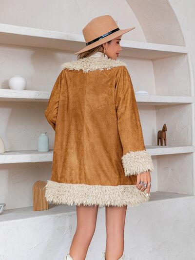 Fuzzy Open Front Long Sleeve Jacket - T - 1 COLOR -