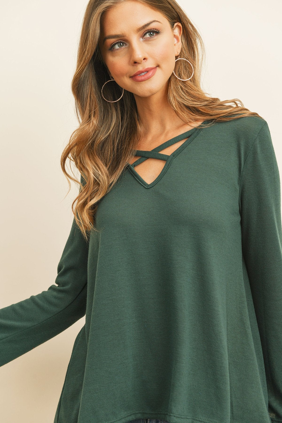 Criss Cross Neck Long Sleeve Hacci Top - 5 COLORS -