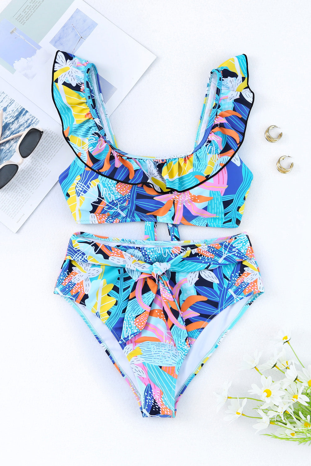 Ruffled Wide Strap Swim Top and Bottom Set - T - 1 MULTICOLOR -