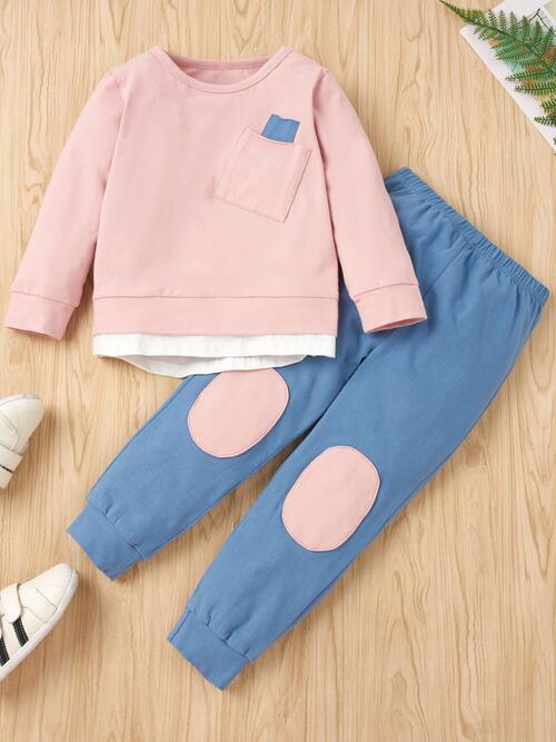 Round Neck Top and Contrast Pants Set - 2 PCS. - T - 2 COLORS -