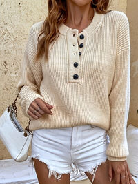 Thumbnail for Half Button Dropped Shoulder Sweater - T - 1 COLOR -