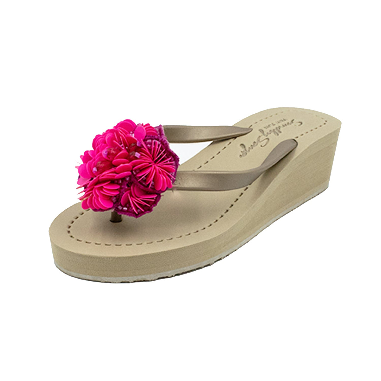 SAND BY SAYA N.Y. - Noho Pink Flower - Embroidered Mid Wedge Flip Flops - 1 COLOR -